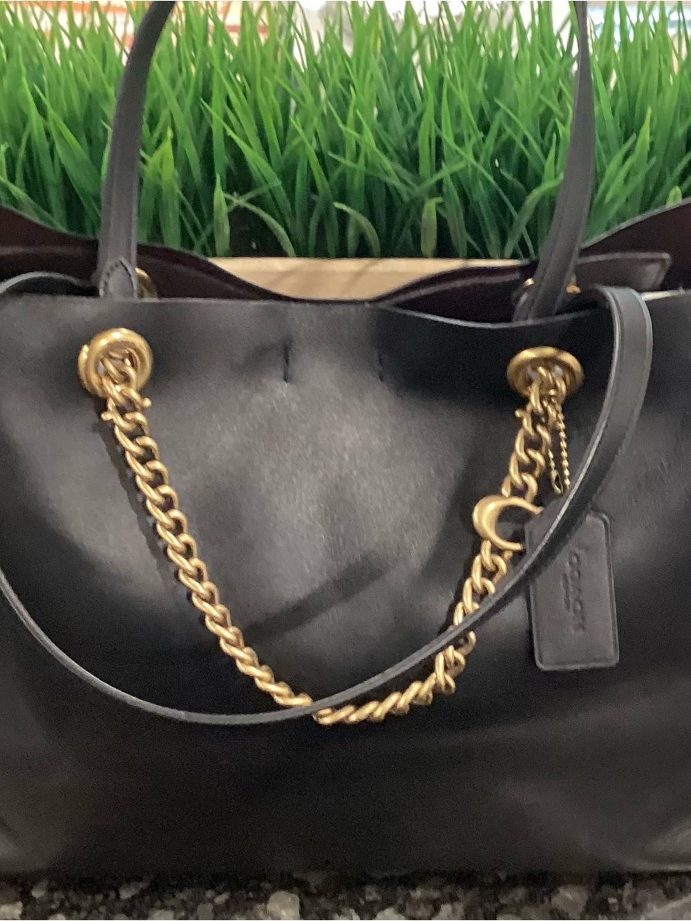 Coach Black Leather Tote with Gold Chain Handles - Picture 4 of 6